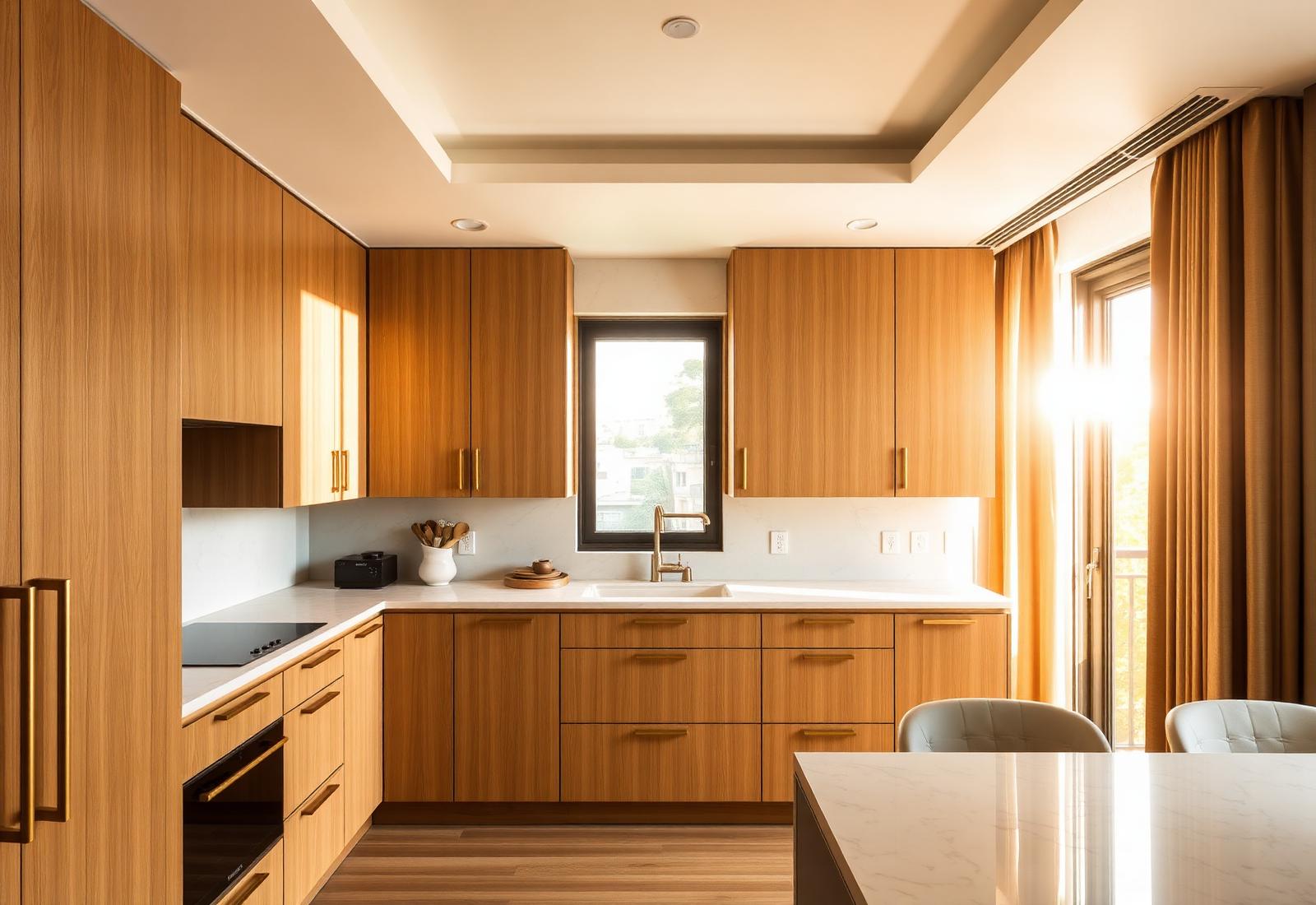 Warm sunlit modular kitchen with brushed brass handles and oak cabinetry
